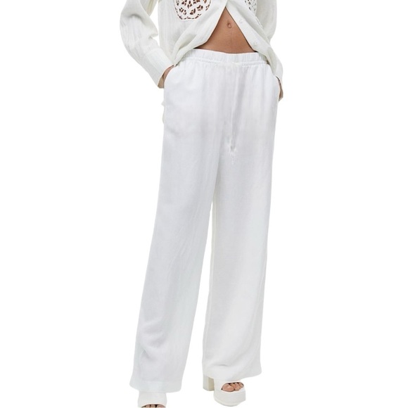 DAVID DART LINEN Pants Petite Large Straight Leg Pull-On Pockets White Women PL - Picture 1 of 11
